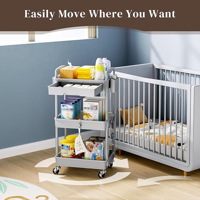 Rolling Utility Cart with Drawer 3 Tier, Utility Storage Organizer with Plastic Shelf & Lockable Wheels Multifunctional Storage Cart for Kitchen, Bathroom, Office, Living Room, Gray