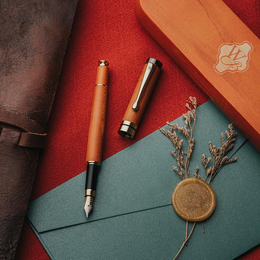 Wordsworth & Black Fountain Pen Set, Luxury Bamboo Wood - Fine Nib, Gift Case; Includes 6 Ink Cartridges, Ink Refill Converter -Journaling, Calligraphy; Drawing, Smooth Writing [Cherry Wood]