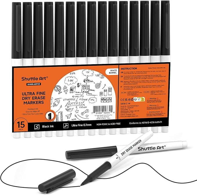 Shuttle Art Ultra Fine Dry Erase Markers, 15 Pack Black Whiteboard Markers with Erase, Dry Erase Markers Perfect For Writing on Whiteboards, Dry-Erase Boards,Mirrors for School Office Home