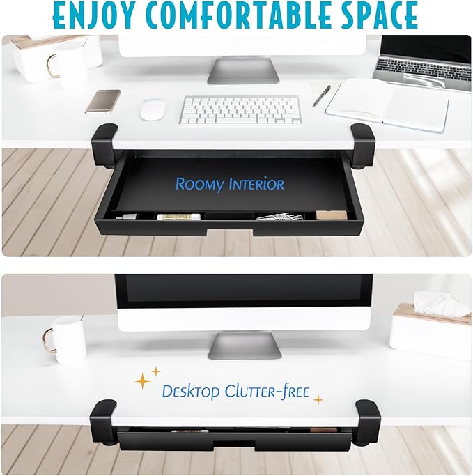 EHO Large Under Desk Slide Out Storage Drawer, Adjustable Sturdy C-Clamp Tray, 20x11.8 inch Pull Out Drawer, Smooth Sliding Rail Design for Keyboard Mouse Desk Extender Organizer for Home/Office Black