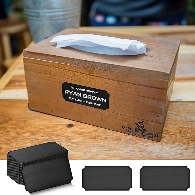 Therwen 30 Pcs Name Plates Laser Engraved Brushed Stainless Steel Plate Personalized Plaque Blank Custom Name Tag Frame Label with Adhesive Backing(Black Notched Corner,4''x 2'')