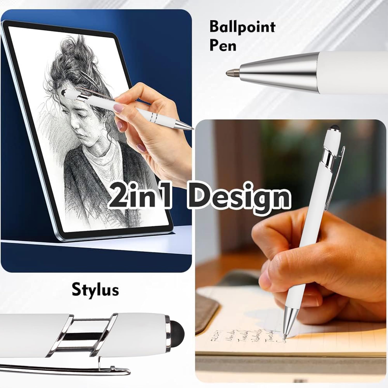 12 PCS 2 in 1 Stylus Ballpoint Pen with Stylus Tip, 1.0 mm Black Ink Metal Pen Stylus Pen for Touch Screens (Silver & White)
