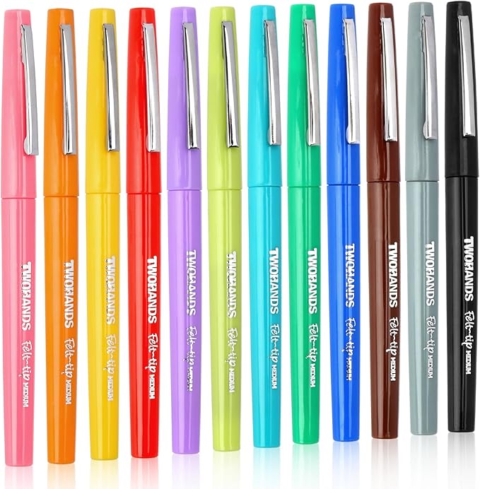 TWOHANDS Felt Tip Pens Fine Point, Assorted Colors Fineliners, Medium Point 0.7 Millimeter Markers for Coloring, Journaling, Note Taking, 22004
