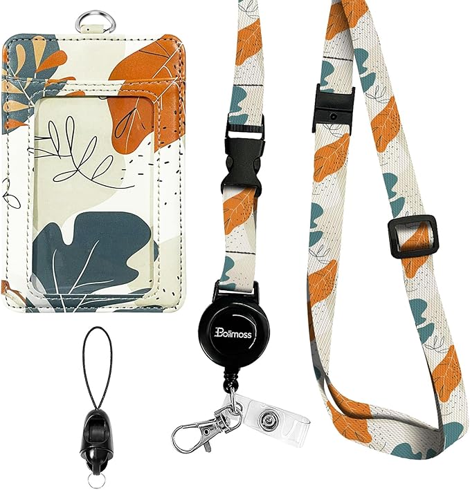Leather ID Badge Holder with Detachable Lanyards,Adjustable Lanyard with Retractable Reel, Quick Release Buckle and Safety Breakaway Lanyards & Swivel Metal Clasp for Work Nurse Teacher (Desert Leaf)