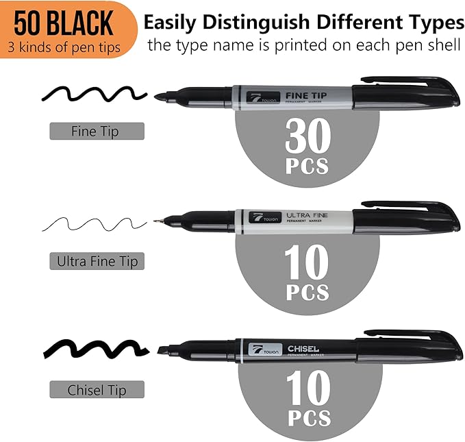 TOWON 100 Pack Permanent Markers Bulk - 50 Assorted Colors + 50 Black Waterproof Quick Drying Colored Pens Set for Classroom Home Office School Supplies, Adults Coloring Marking