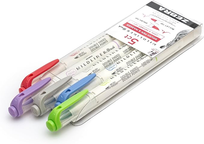 Zebra Pen Mildliner Brush Marker, Double Ended Brush and Fine Tip Pen, Assorted Cool and Refined Colors, 5 Pack