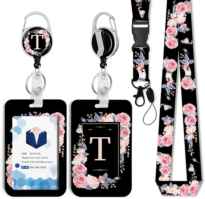 A-Z Badge Holder with Retractable Reel and Breakaway Lanyard Badge Clips Retractable Heavy Duty Badge Reel，Keychain，ID Holder with Breakaway Lanyard for School Nurse Office Teen T