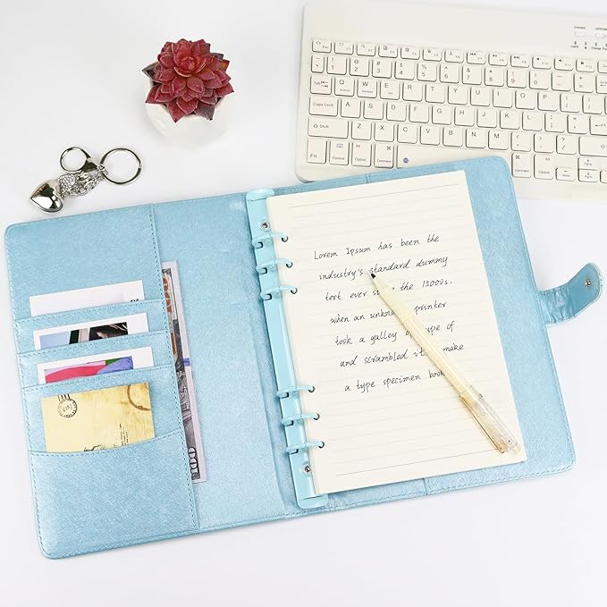 A5 PU Leather Cotton-Padded Binder 6-Ring Notebook Binder Cover with Gold Keychain for A5 Filler Paper, Refillable A5 Personal Planner Budget Binder with Magnetic Buckle Closure (Light Blue, A5)