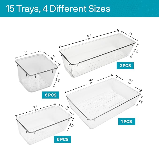 ZMS ZMS Bathroom Organizers and Storage (15 pcs) - 4-Size Multi Compartments Shallow Makeup Drawer Organizer for Kitchen Utensils & Office Accessories | Unbreakable Drawer Trays Bins for Organization