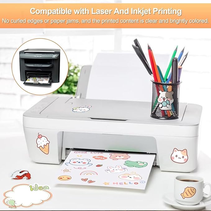 Printable Sticker Paper for Inkjet Printer, 300 Sheets 8.5" x11” Matte Sticker Printer Paper Full Sheet Labels, Sticker Paper for Printer Sticker Labels, for Laser/Inkjet Printers, Letter Size