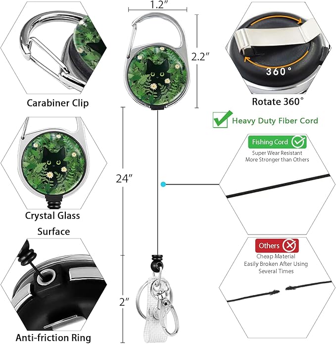 Giancomics Lanyards for Id Badges, Black Cat ID Badge Holder with Lanyard Badge Reel Retractable, Plant Lanyard with ID Holder Keychain Clip Name Tag Cute ID Card Holder for Teacher Women Work Office