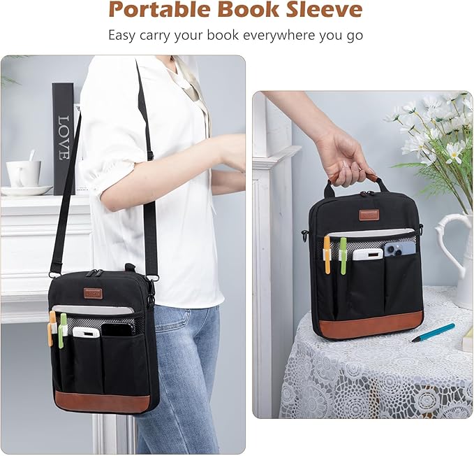 Book Sleeve with Zipper, Book Covers for Book Lovers, Multi-pocket Book Protector Cover with Shoulder Strap,Book Bag for Ipaad, kidle - Back to School Book Accessories