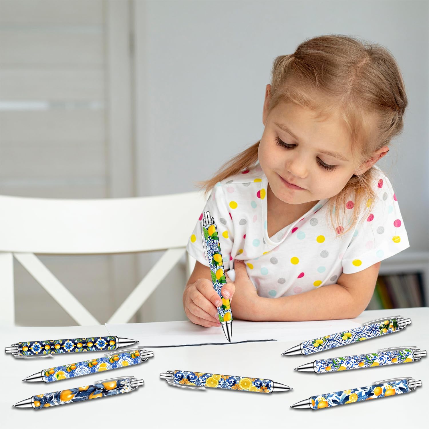 Capri Lemon Pens Set – Mediterranean-Inspired Ballpoint Pens for Girls, Students, and Stationery Lovers – Smooth Writing Pens for School, Journaling, or Gifts – Bright and Elegant Design, 8 Pack