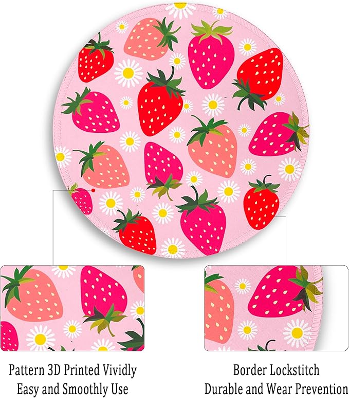 Gctriki Strawberry Mouse Pads for Desk, with Stitched Edge Non-Slip Rubber Base, Cute Small Round Comfortable Computer Mousepad for Laptop Gaming Work, Cute Office Desk Accessories Decor Supplies