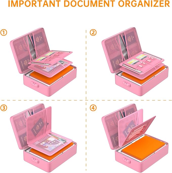 DocSafe 5200°F Document Organizer with Lock,Upgraded Heat Insulated Fireproof＆Waterproof Box 8 Layers File Organizer,Portable Home Travel Safe Storage for Important Documents, Files,Pink (Soft)