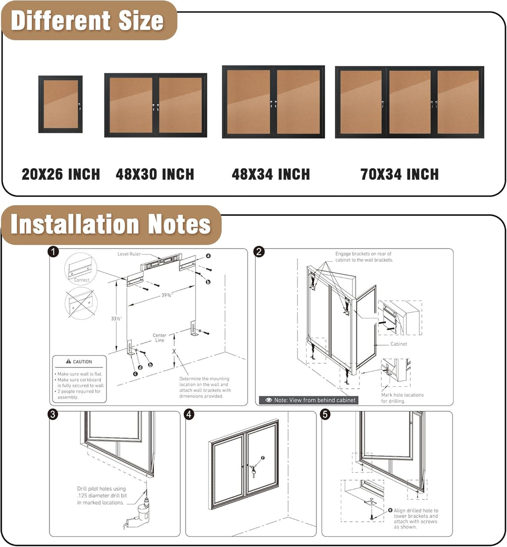 48"x30" Enclosed Bulletin Board, Outdoor Lockable Weather-Resistant Aluminum Cork Noticeboard for School & Office, Silver Frame w/Black Flet
