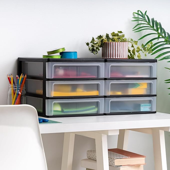 IRIS USA Plastic Stacking Desk Top 3-Drawer Storage Organizer, 2-Pack, for Makeup Vanity Nail Polish Bathroom Stationery Art Craft Supplies Kitchen Office Garage and Small Organization, Medium, Black