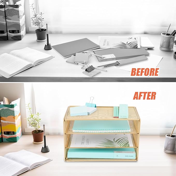 EASEPRES 3 Tier Desk Paper Organizer, Gold
