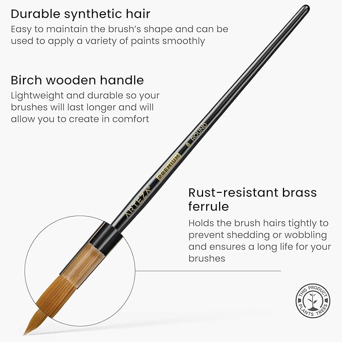 ARTEZA Paint Brushes, Set of 12, Premium Synthetic Brushes with Brass Ferrules & Wooden Handles