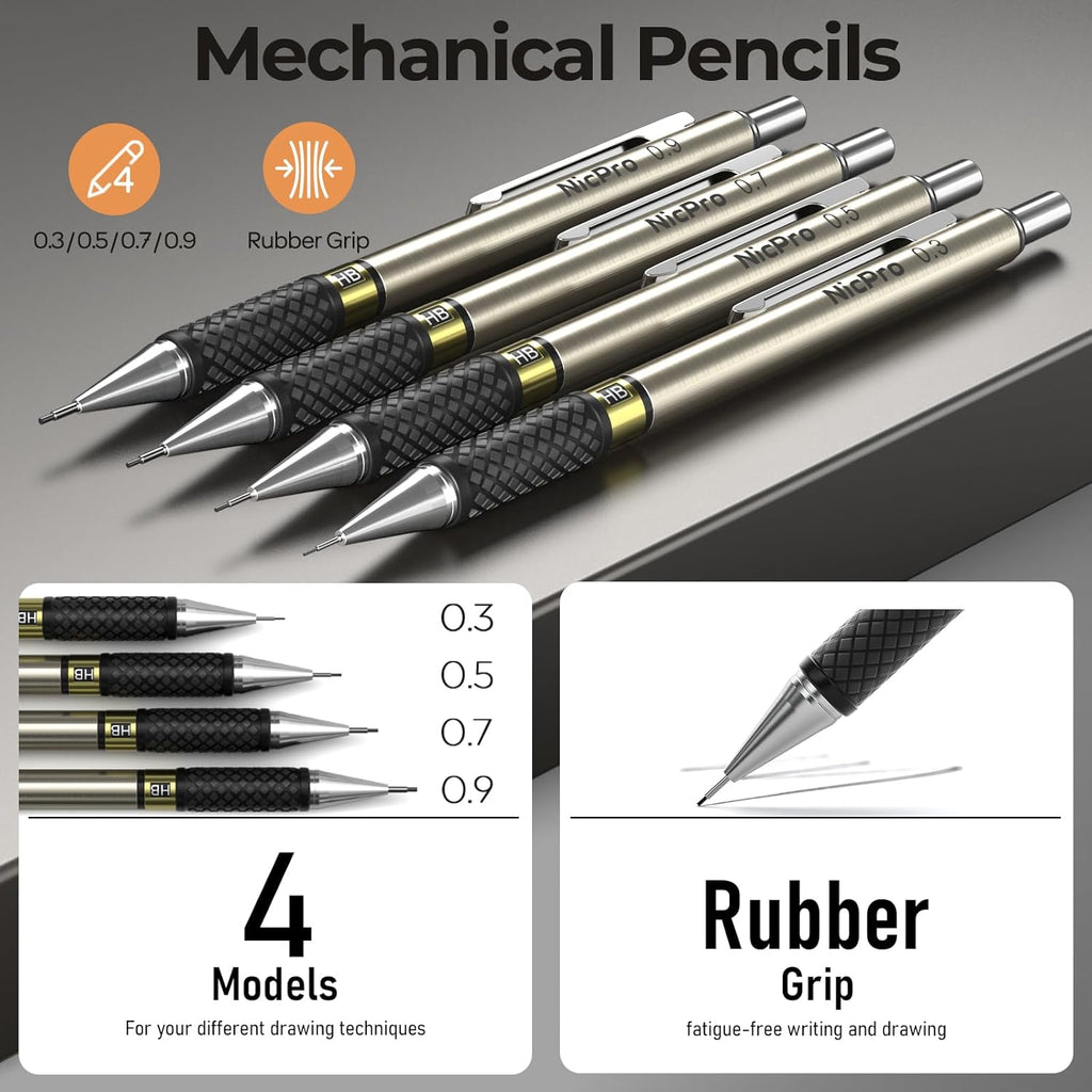 Nicpro 37PCS Gold Art Mechanical Pencil Set, 4PCS Metal Drafting Pencil 0.3/0.5/0.7/0.9 mm & 2PCS 2mm Lead Holder (6B 4B 2B HB 2H 4H) School Supplies for Sketching Drawing with 23 Tube Lead Refills