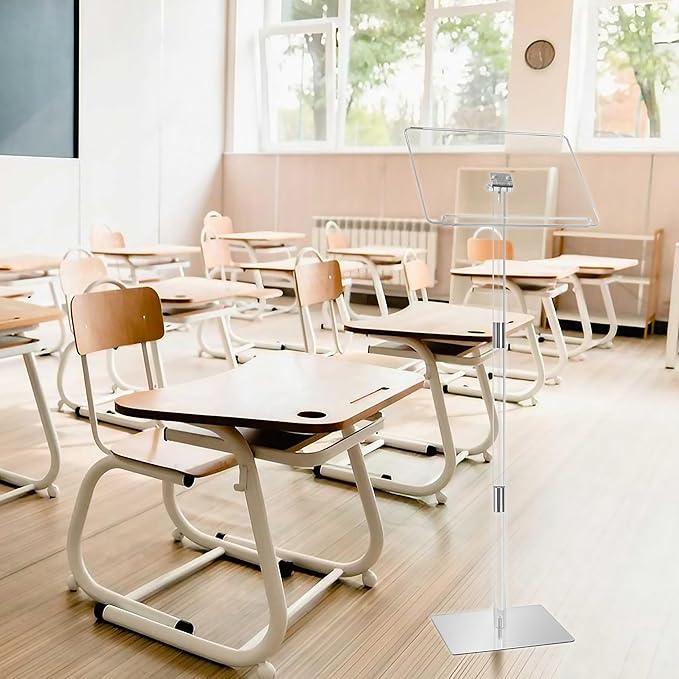 Podium Stand, Lecterns & Podiums, Acrylic Adjustable Angles with Metal Base, Podium for Church, Weddings, Classroom, Speech (Clear, 16" L x 12" W x 42.5" H)