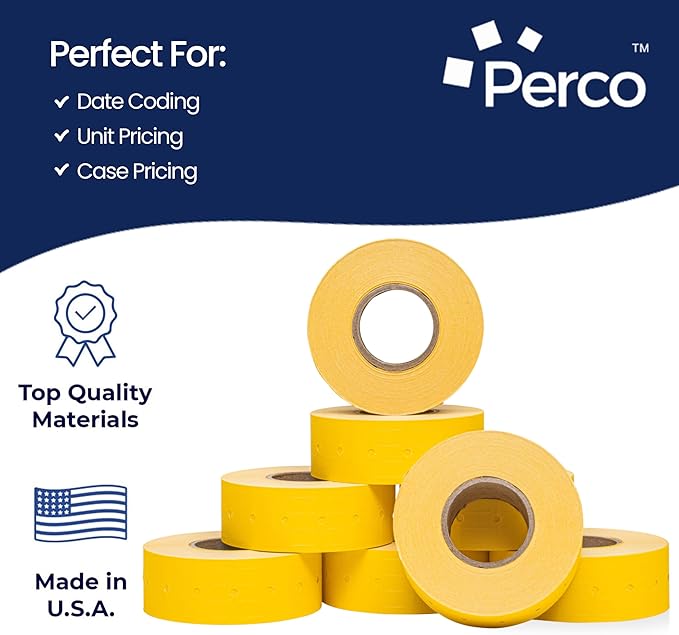 Perco 1 Line Yellow Labels - 80 Rolls, 10 Sleeves, 80,000 Blank Price and Date Gun Labels for Perco 1 Line Price and Date Guns - Made in USA