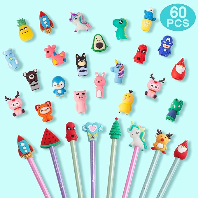 LOFIR 60 Pieces Pencil Toppers Animal Pencil Toppers Pen Toppers Clip on Pencil Classroom Prizes for Office Kids Back to School Student Supplies Party Favors(60)