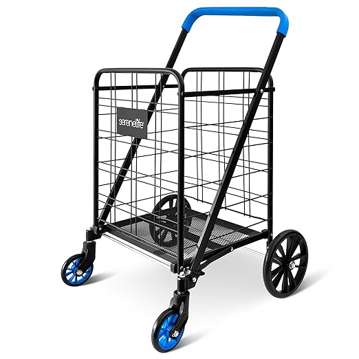 SereneLife Utility Shopping Supermarket Cart, 360 Rolling Swivel Front Wheels, Collapsible Utility Cart, Heavy Duty, Portable, 3.5" D x 19.5" W x 38" H, Large Capacity 110 lbs, Luggage, Laundry, Blue