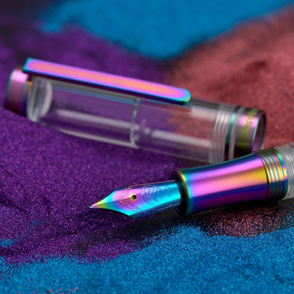 Asvine V200 Titanium Fountain Pen Vacuum Filling, Rainbow Iridium Extra Fine Nib Clear Demonstrator Acrylic with Pen Case and Wrench