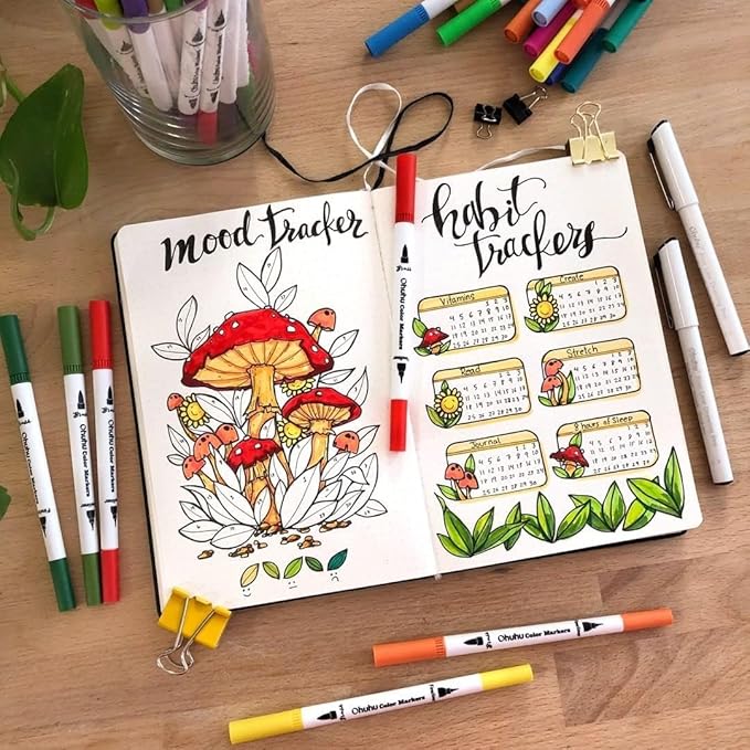 Ohuhu Markers for Adult Coloring Books: 36 Colors Coloring Markers Dual Tips Fine & Brush Drawing Pens Water-Based Art Markers for Kids Adults Drawing Sketching Bullet Journal - Maui - White