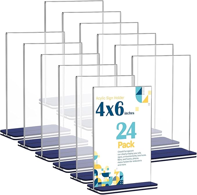 Youyole 24 Pack Acrylic Sign Holder 4 x 6'' Clear Table Sign Holder Double Sided T Shape Plastic Display Holder Menu Stand Business Store Sign Holder for Wedding School Office Hotel Party(Navy Blue)