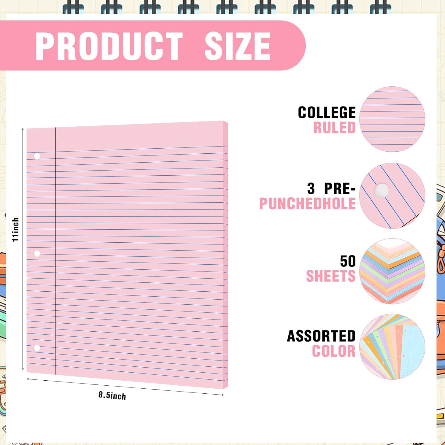 PerKoop 600 Sheets Colored Loose Leaf Paper 8.5" x 11" college ruled Lined 3 Hole Punched notebook Filler Paper for 3 Ring Binders Office School Supplies (Fantasy Color)