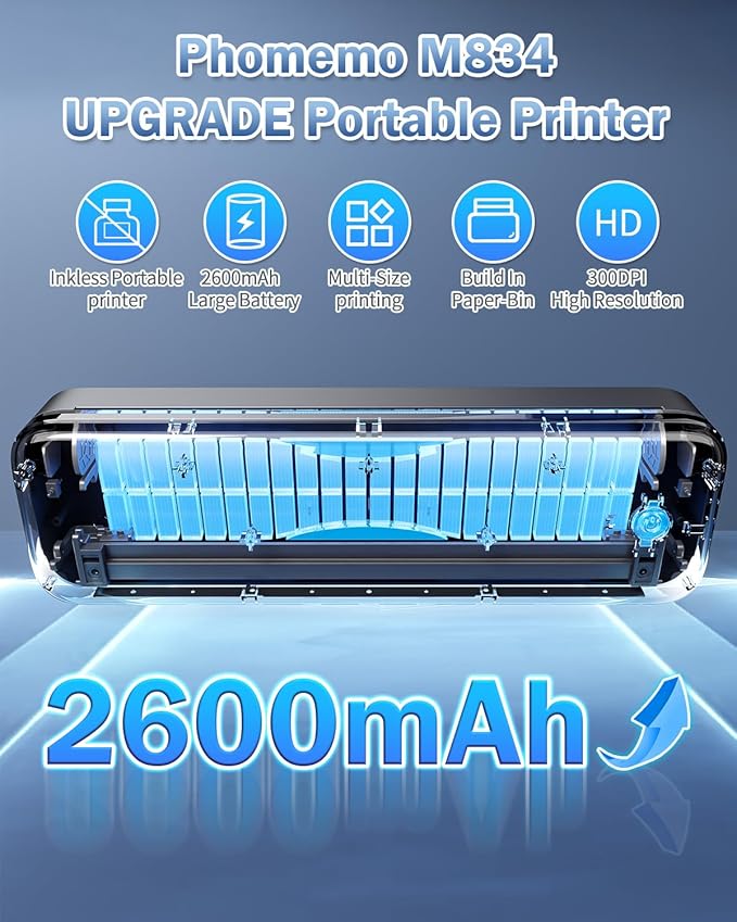 Phomemo M834 Ultra Portable Printer Wireless for Travel, Bluetooth Thermal Printer 8.5" x 11"&A4, Compatible with iOS,Android & PC,Inkless Mobile Printer for Travel,Office,School,Home,Black