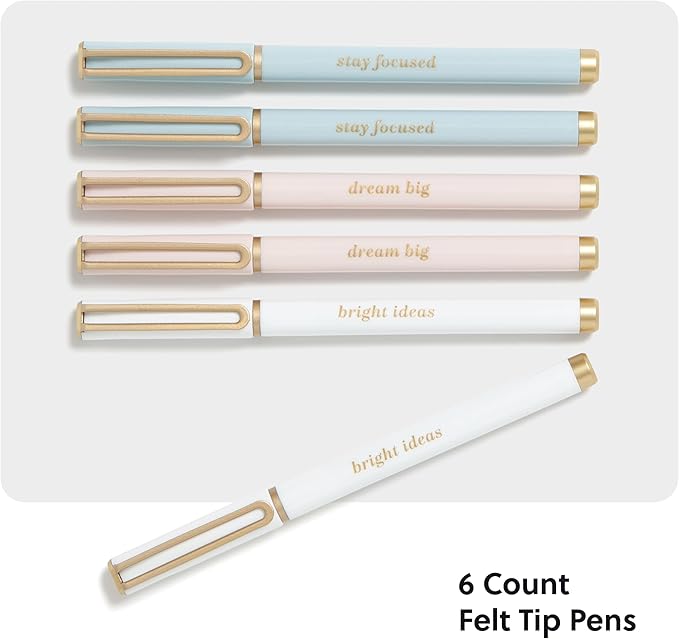 U Brands Catalina Felt Tip Pens, Set of 6, Classic Pretty Pastels with Gold Details, Medium (0.7 mm) Point, Black Ink