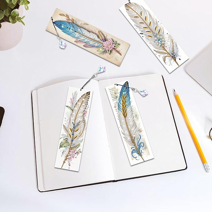 4-Piece 5D Diamond Painting Bookmarks Set, DIY Craft Kit with Rhinestones – Elegant Vintage Style Feather Design, Perfect for Book Lovers Adults, Unique Diamond Art Craft Bookmarks with Tassels