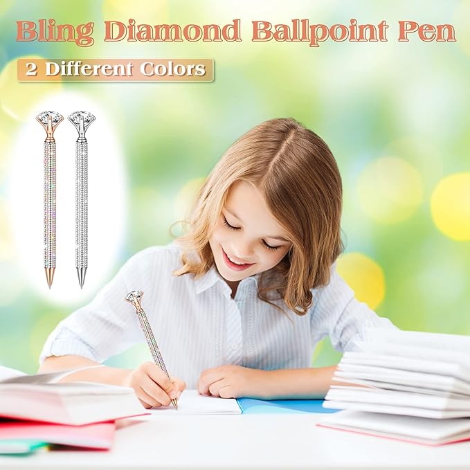 Jeyiour 6 Pcs Big Diamond Pens with Crystal Bling Rhinestone Metal Glitter Diamond Ballpoint Black Ink Pens Wedding Bridal Shower Favors for Birthday Gift Supplies(Silver, Rose Gold)