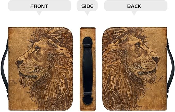 Lotusorchid Lion Print Bible Bag for Men, PU Leather Bible Cover Sturdy Bible Book Carrying Bags Christian Bible Study Accessories for Bible Study, Brown, 2XL
