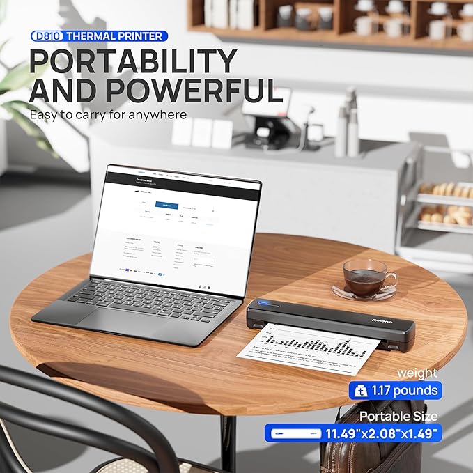 POLONO Portable Printer Wireless for Travel, D810 Bluetooth Thermal Printer Support for 8.5"x11" US Letter, Inkless Compatible with iOS, Android, Laptop for Office, Car and Home, Black