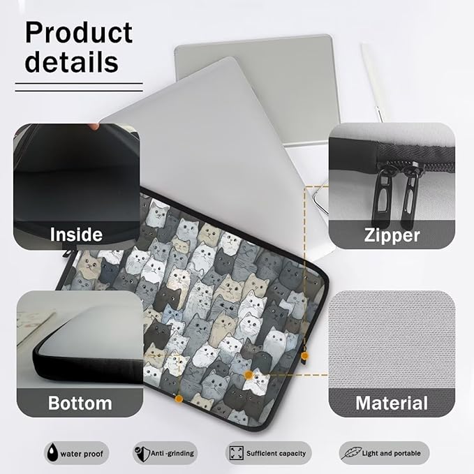 Cartoon Cat Printed Computer Bags for Laptops, Water Resistant 12 Inch Laptop Bag Laptop Briefcase Travel Case for Women Men Teens, Compatible with Most Laptops