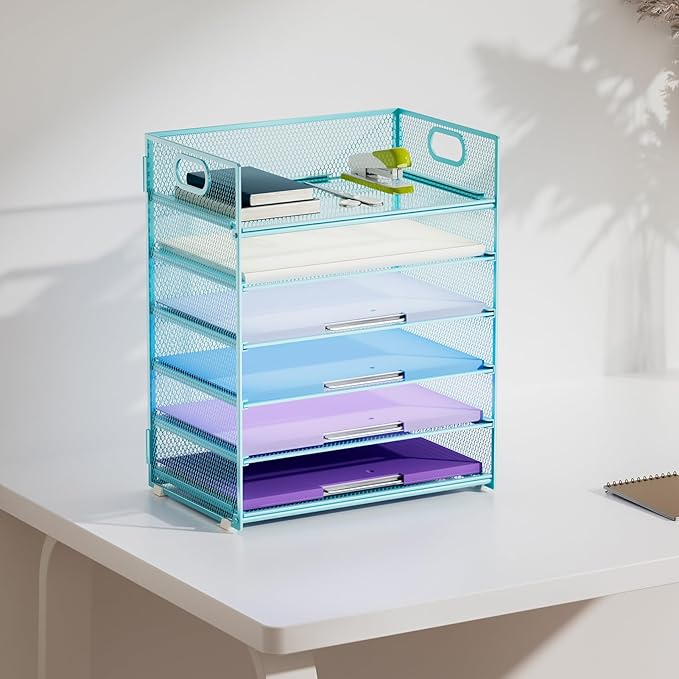 Marbrasse 6 Tier Paper Organizer Letter Tray - Mesh Desk File Organizer with Handle, Paper Sorter Organizer for Letter/A4 Office File Folder Holder -Blue