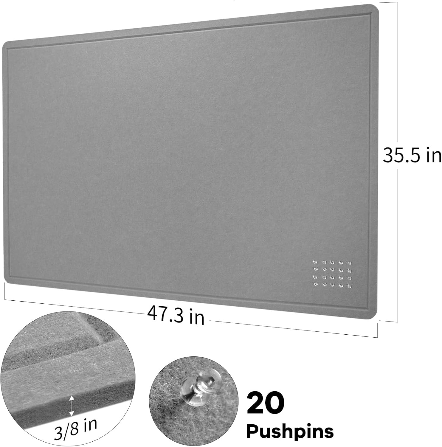 Large Bulletin Board - 48 x 36 Inches, Decorative Felt Pin Board for Wall - 4' x 3' Foldable Photo Display Board with Self-Adhesive Tape, Includes 20 Push Pins - Gray