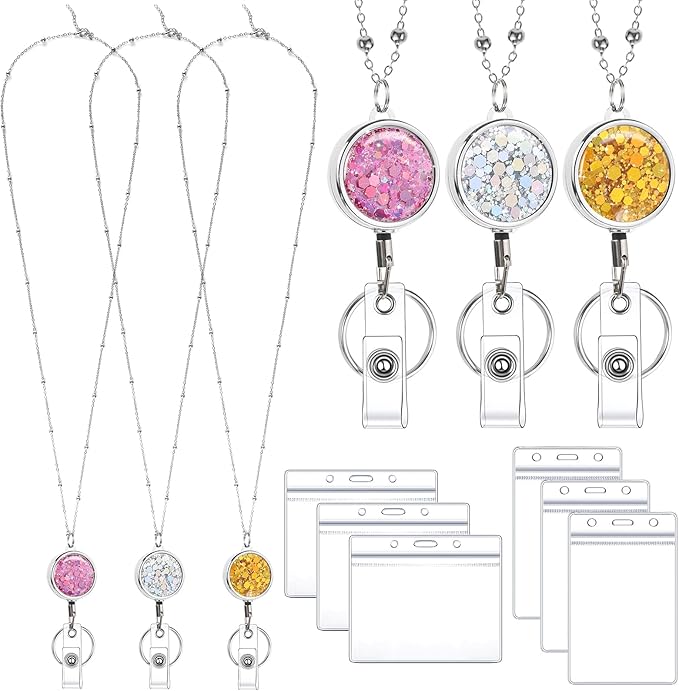 3 Pack Women Lanyards for Id Badges with 6 Pcs Id Badge Holder for Women Cruise Lanyards Stainless Steel Glitter Teacher Lanyards Necklace for Badge Holder Cruise Ship Cards