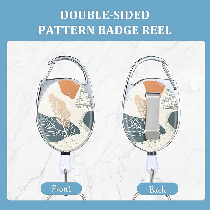 Badge Reels Retractable，Double Sided Color Print Pattern Retractable Badge Holders，with Retractable Keychain, Badge Clip and Key Ring，Durable Nylon Retractable Rope，Bohemian Leaf