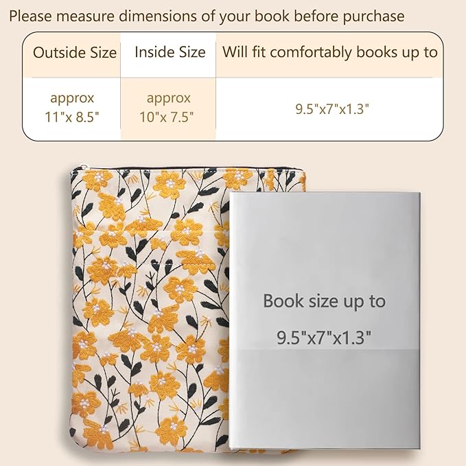 LParkin Daisy Flower Embroidery Book Sleeve with Zipper for Readers Protector Cover Gift for Book Lovers, 11x 8.5 Inch Washable Fabric, Daisy Yellow (Yellow)