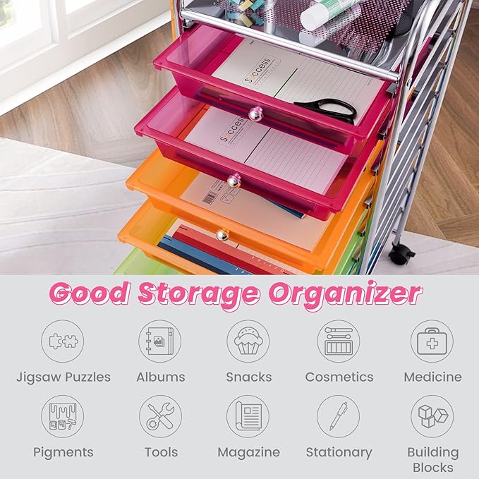 Storage Cart, Rolling Utility Cart with 10 Drawers, Portable Handles & Lockable Wheels, Mobile Paper Toys Storage Organizer Large Capacity for Home Office School Teacher (Rainbow)