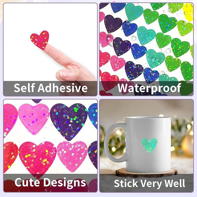 Shiny Heart Shaped Stickers,Self Adhesive for Scrapbooking/Kid DIY Arts Crafts/Reward Stickers Teachers Stickers(Multicolored)