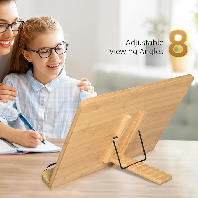 wishacc 24" Oversized Large Bamboo Book Stand & Holder for Reading Hands Free for Large Books in Bed,Cookbook,Textbook,Law,with 8 Adjustable Height Laptop Stand