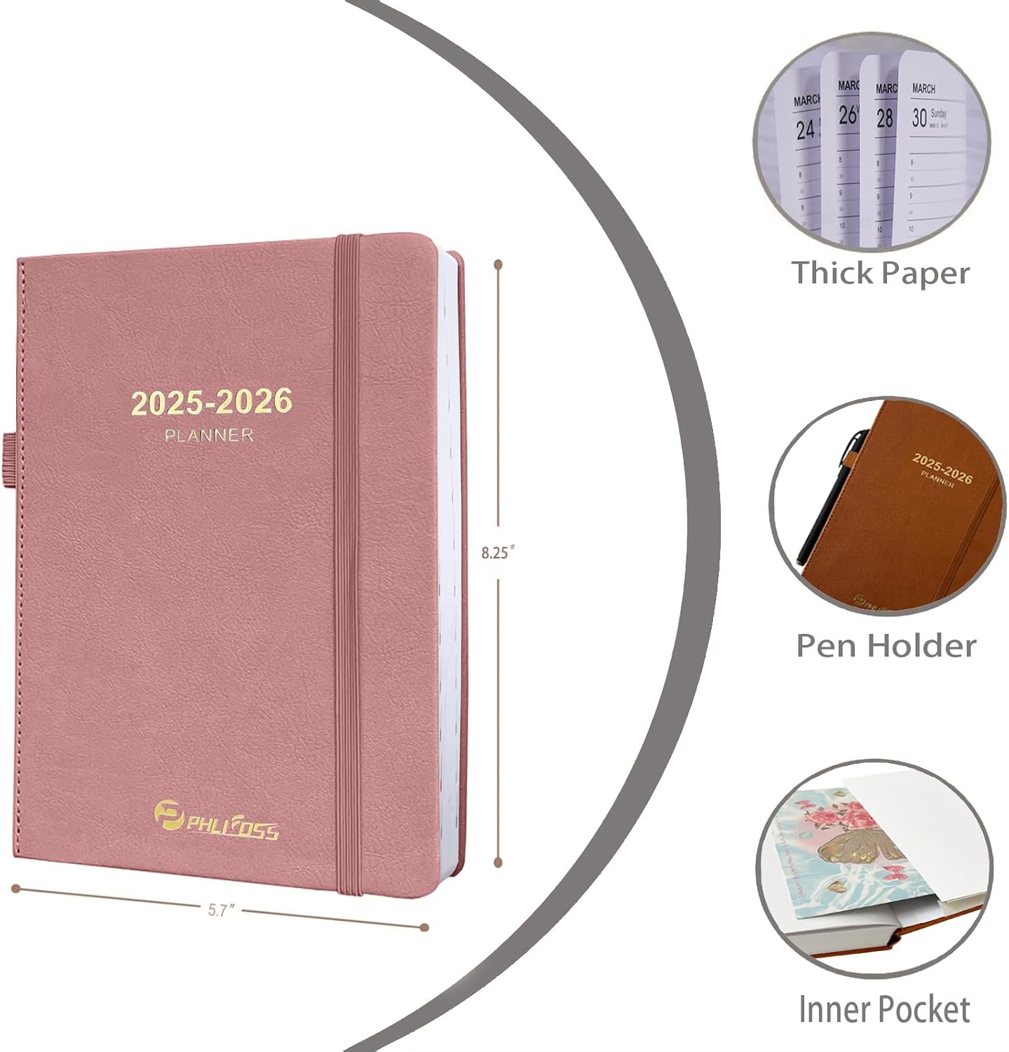 2025-2026 Daily Planner, One Page Per Day, Academic Planner (July 2025 - June 2026), Appointment Book with Time Slots and Monthly Tabs, 5.7" x 8.25", Pocket, Leather Cove (Pink)