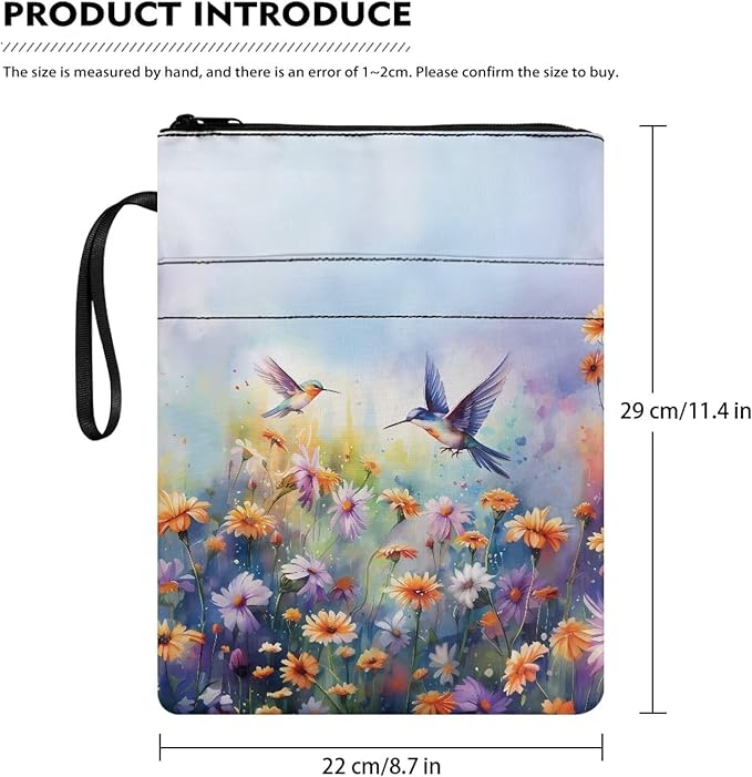 COEQINE Flower Birds Book Cover Zipper Pouch Portable Book Washable Fabric for Teen Adult Book Lover Teacher Student 9 x 11 Inch