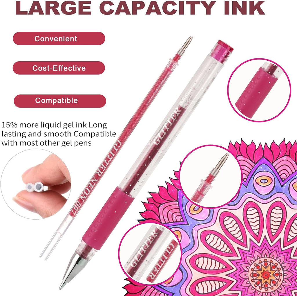 Glitter Gel Pens for Coloring Book,72 Color Gel Pens Set including 36 Color Gel Pen with 36 Refills,40% More Ink Colored Gel Pens for Drawing, Doodling, Scrapbook, Journaling